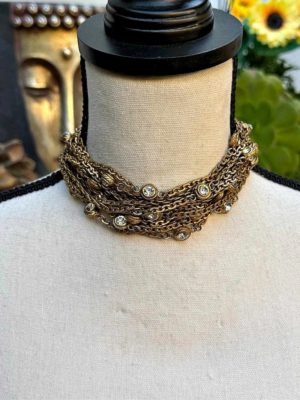 Vintage Chanel Gold Crystal Layered Statement Choker Necklace